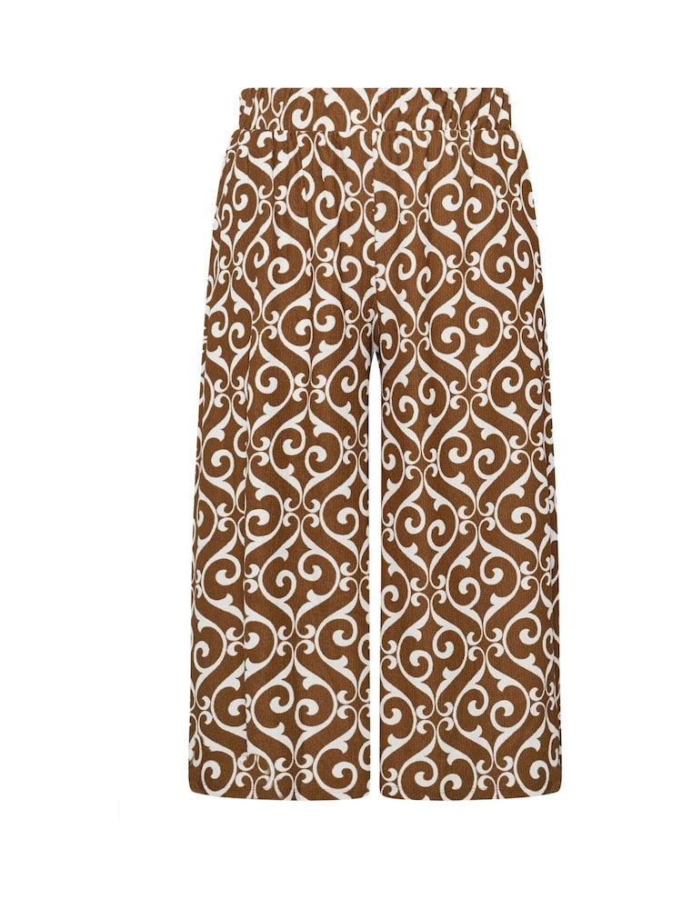 Yours Curve Brown Abstract Plisse Cropped Trousers - Image 5 of 5