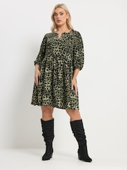 Yours Curve Green Animal Notch Neck Dress - Image 1 of 5