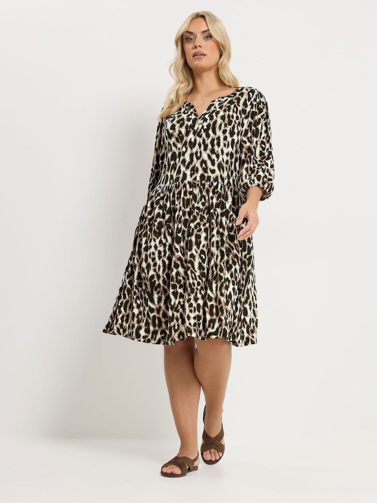 Yours Curve Natural Animal Notch Neck Dress - Image 1 of 5