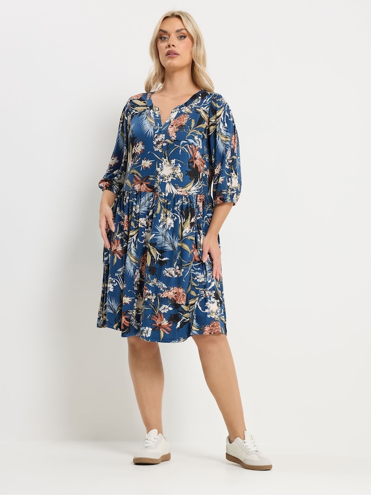 Yours Curve Blue Floral Wrap Dress - Image 1 of 5 Yours Curve Blue Floral Wrap Dress - Image 1 of 5