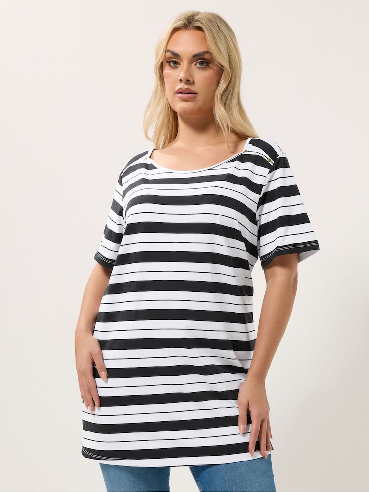 Yours Curve White Stripe Yoke Detail T-Shirt - Image 1 of 5