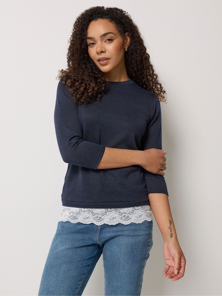 M&Co Blue Lace Hem 3/4 Sleeve Top - Image 1 of 5