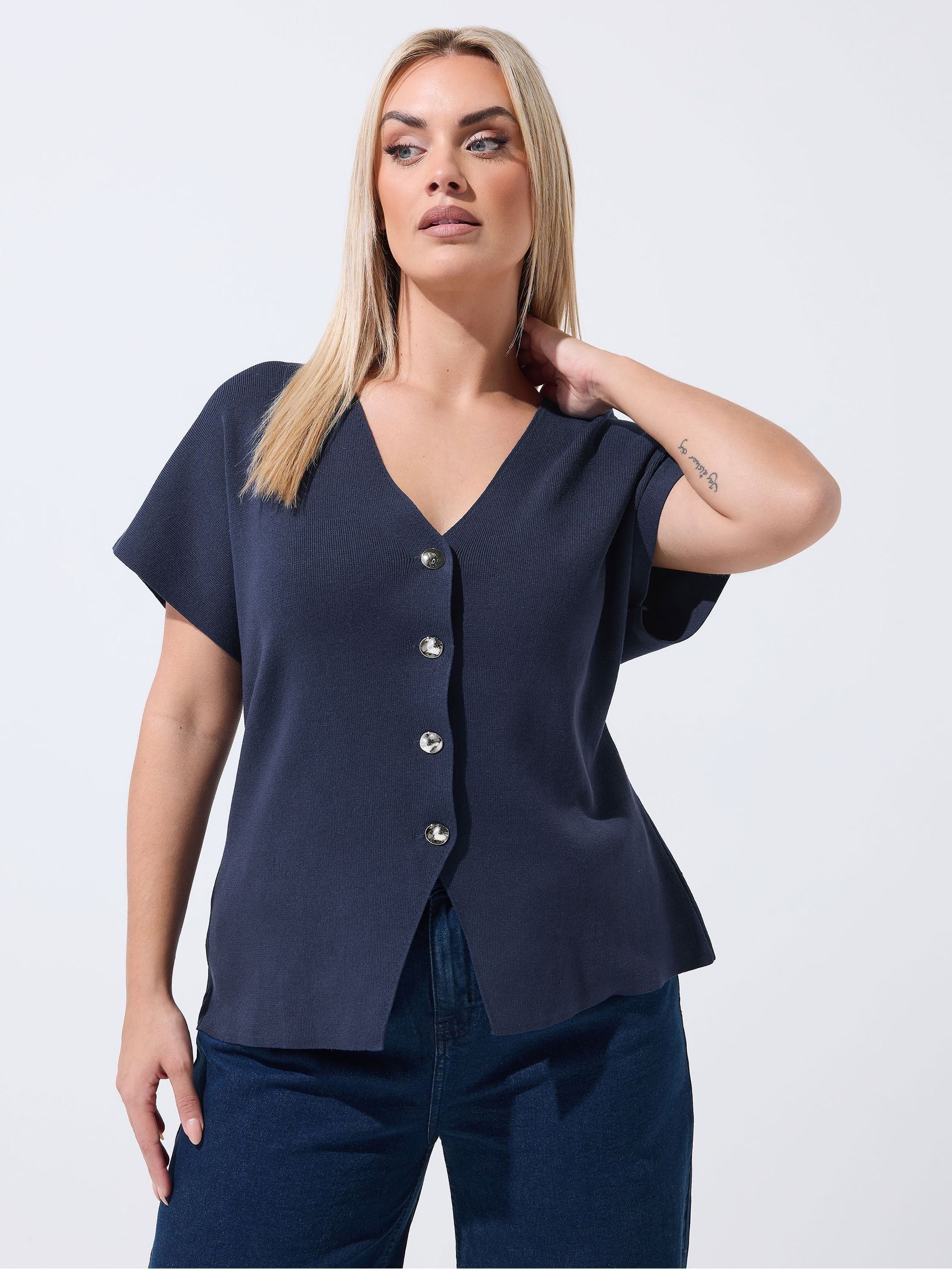 Yours Curve Women's Blue Short Sleeve Limited Long Sleeve Knitted Top
