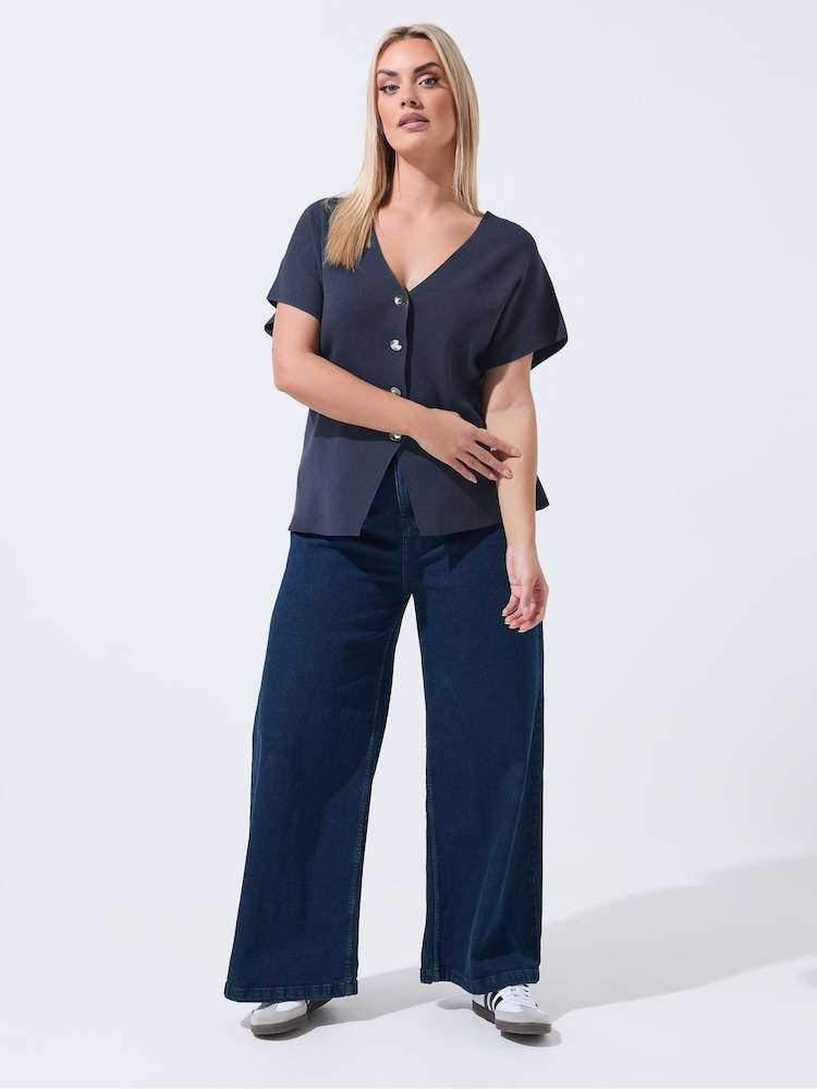 Yours Curve Blue Short Sleeve Limited Long Sleeve Knitted Top - Image 2 of 5 Yours Curve Blue Short Sleeve Limited Long Sleeve Knitted Top - Image 2 of 5