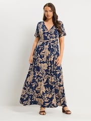 Yours Curve Blue Floral Wrap Dress - Image 1 of 5