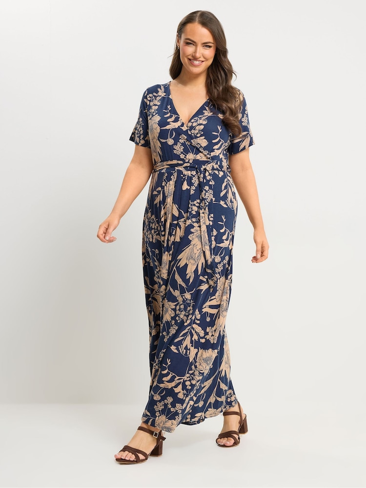 Yours Curve Blue Floral Wrap Dress - Image 2 of 5