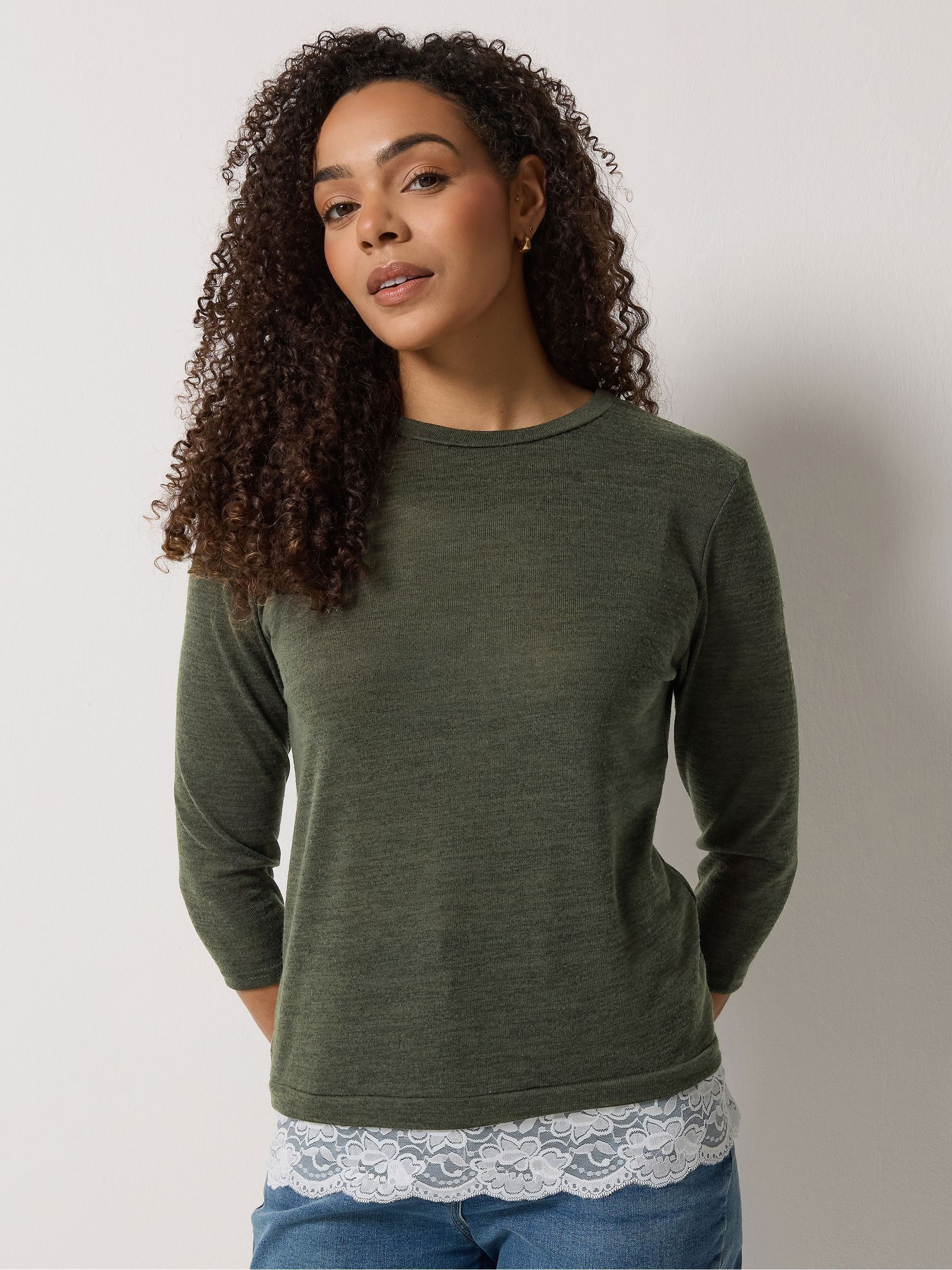 M & Co Women's Green Lace Hem 3/4 Sleeve Top