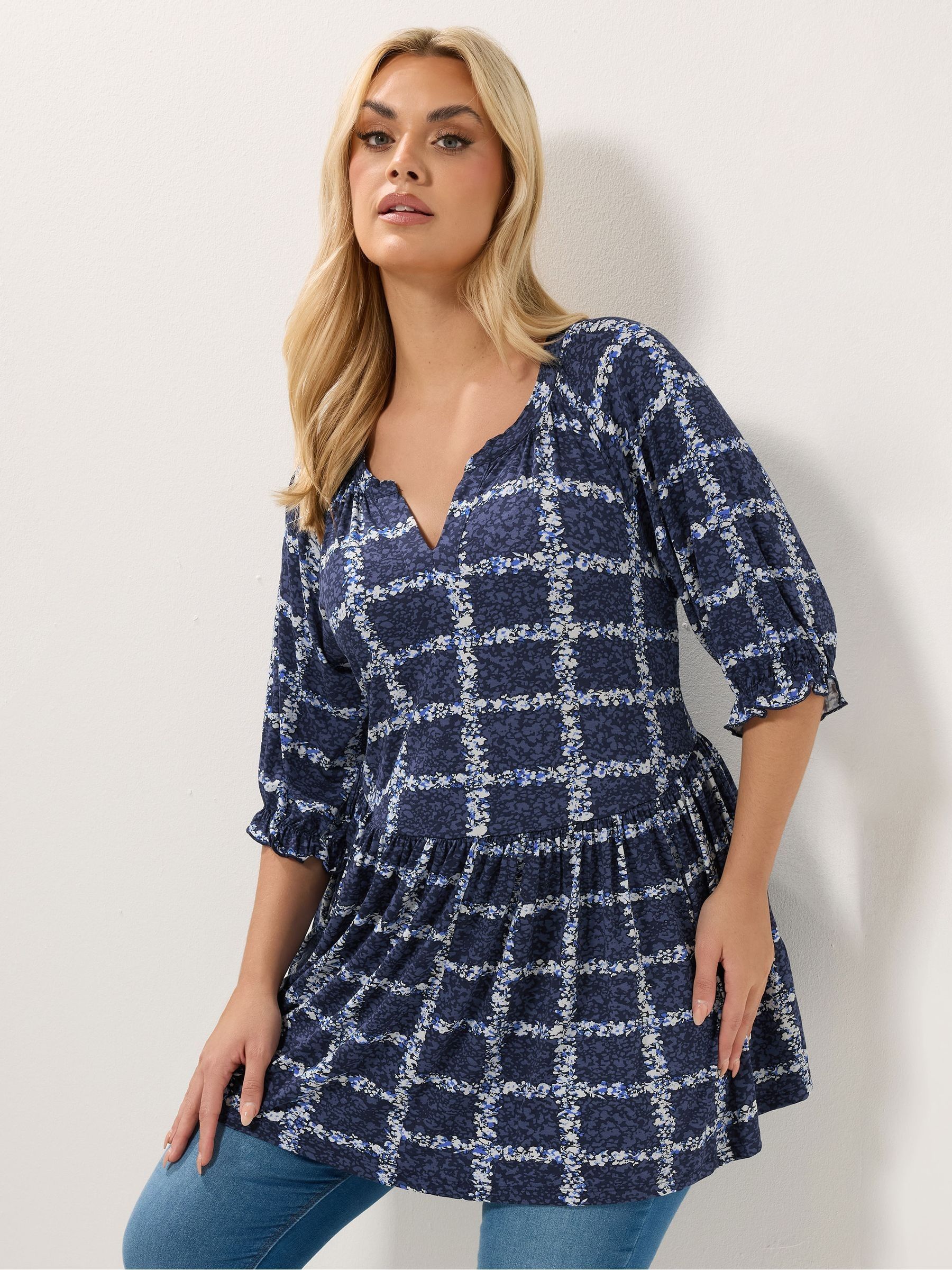 Yours Women's Dark Navy Abstract Notch Neck Top In Size 18 - Image 2