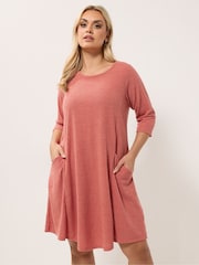 Yours Curve Orange Ribbed Drape Pocket Dress - Image 1 of 5