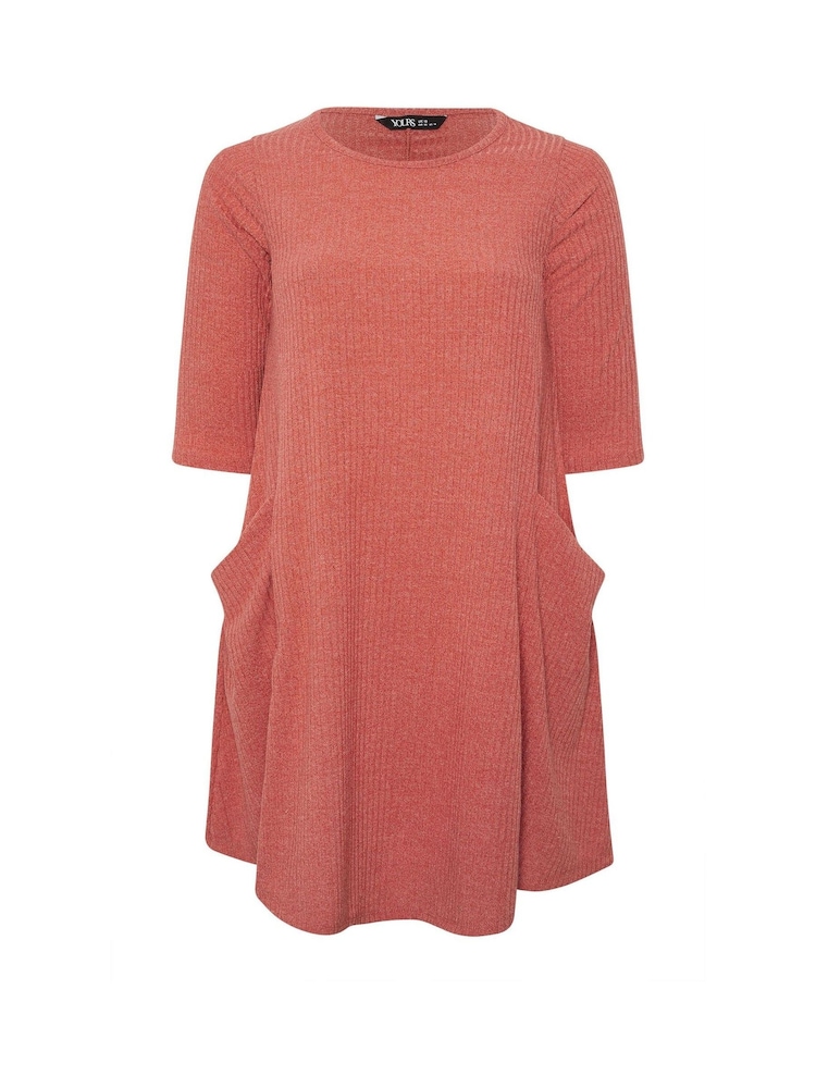 Yours Curve Orange Ribbed Drape Pocket Dress - Image 5 of 5