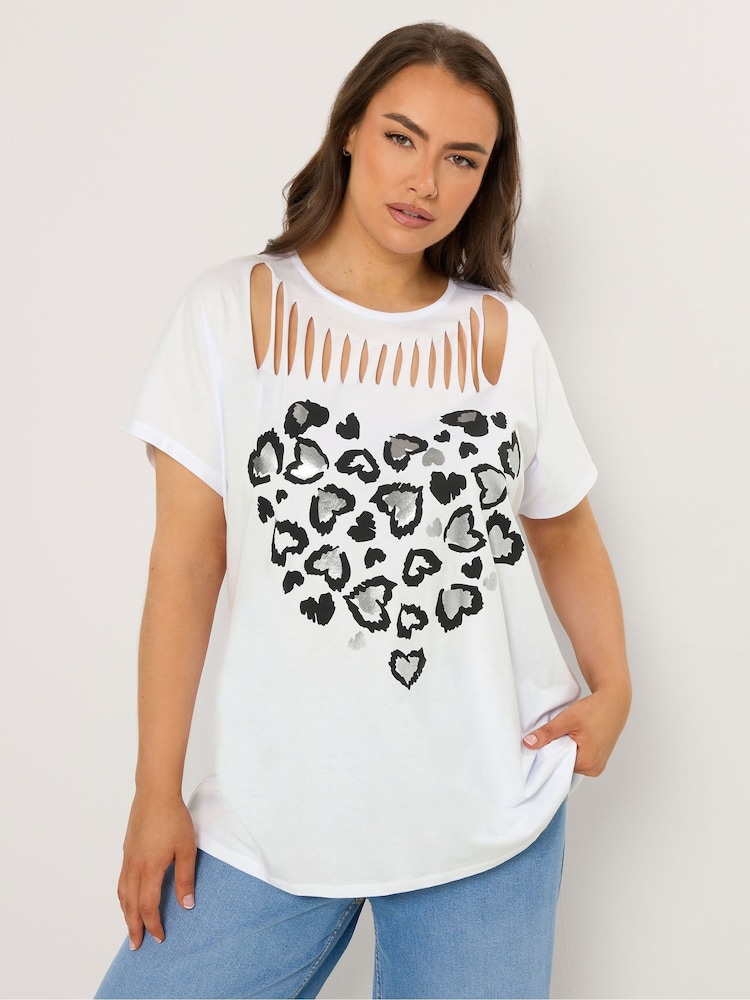 Yours Curve White Leopard Heart Slash Detail Top - Image 1 of 5 Yours Curve White Leopard Heart Slash Detail Top - Image 1 of 5