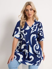 Yours Curve Blue Textured Pleated Front Blouse - Image 1 of 5