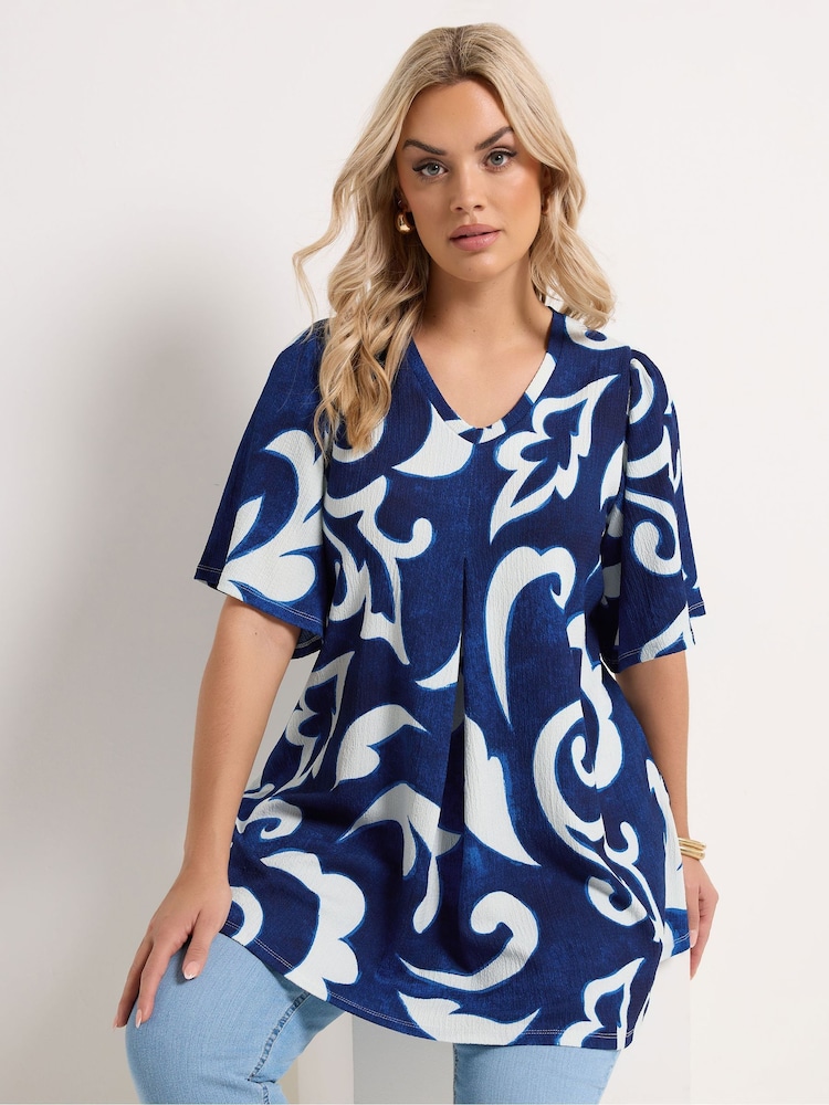 Yours Curve Blue Textured Pleated Front Blouse - Image 1 of 5