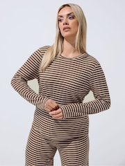 Yours Curve Chocolate Brown & Cream Limited Collection Stripe Printed Ribbed Top - Image 1 of 5