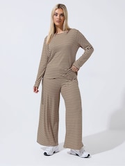 Yours Curve Chocolate Brown & Cream Limited Collection Stripe Printed Ribbed Top - Image 2 of 5