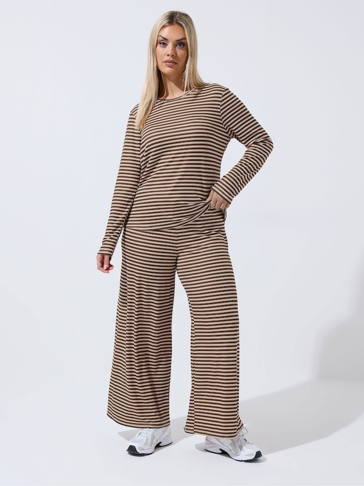Yours Curve Chocolate Brown & Cream Limited Collection Stripe Printed Ribbed Top - Image 2 of 5