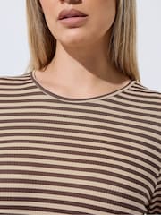 Yours Curve Chocolate Brown & Cream Limited Collection Stripe Printed Ribbed Top - Image 4 of 5