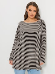 Yours Curve Black Ribbed Stripe Studded Detail T-Shirt - Image 1 of 6