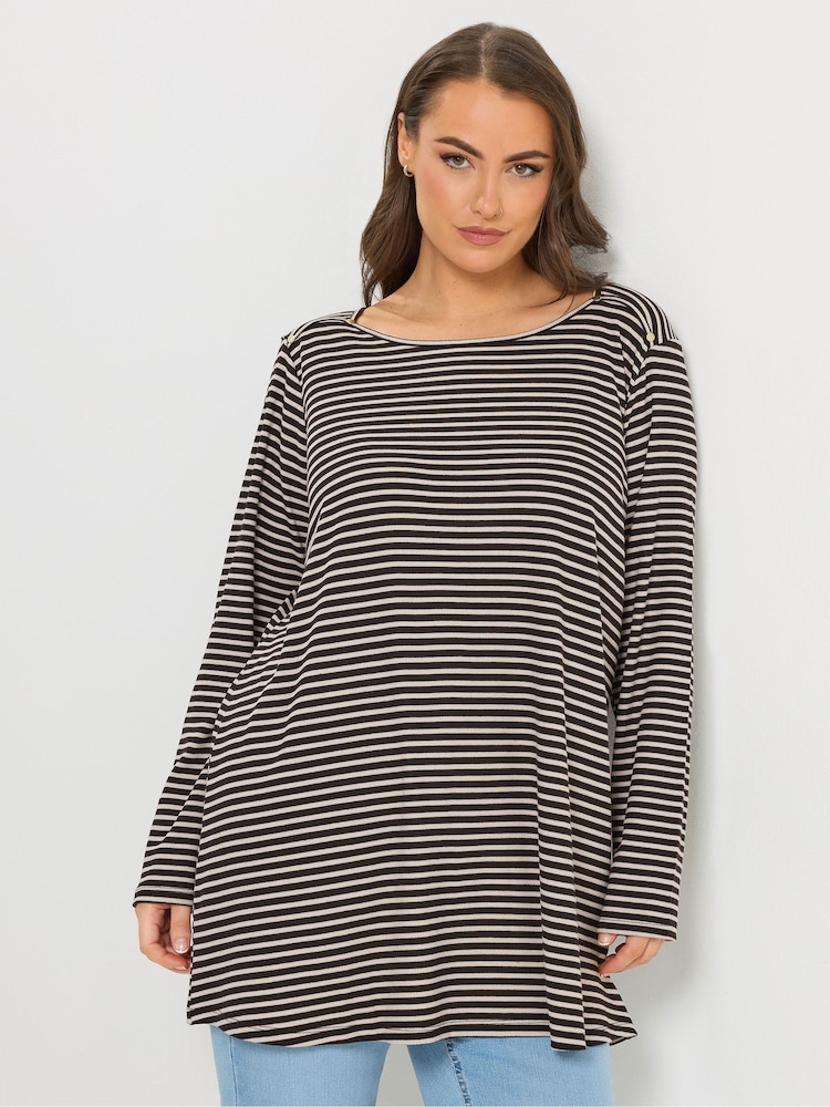 Yours Curve Black Ribbed Stripe Studded Detail T-Shirt - Image 1 of 6