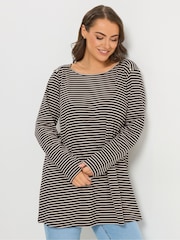 Yours Curve Black Ribbed Stripe Studded Detail T-Shirt - Image 2 of 6