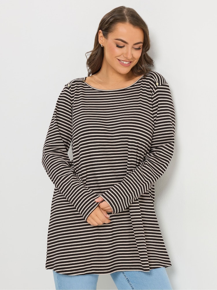 Yours Curve Black Ribbed Stripe Studded Detail T-Shirt - Image 2 of 6