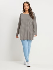 Yours Curve Black Ribbed Stripe Studded Detail T-Shirt - Image 3 of 6