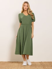 M&Co Green V-Neck Broderie Sleeve Cotton Midi Dress - Image 1 of 5