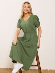 M&Co Green V-Neck Broderie Sleeve Cotton Midi Dress - Image 2 of 5