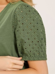 M&Co Green V-Neck Broderie Sleeve Cotton Midi Dress - Image 4 of 5