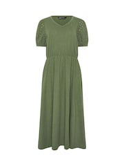 M&Co Green V-Neck Broderie Sleeve Cotton Midi Dress - Image 5 of 5