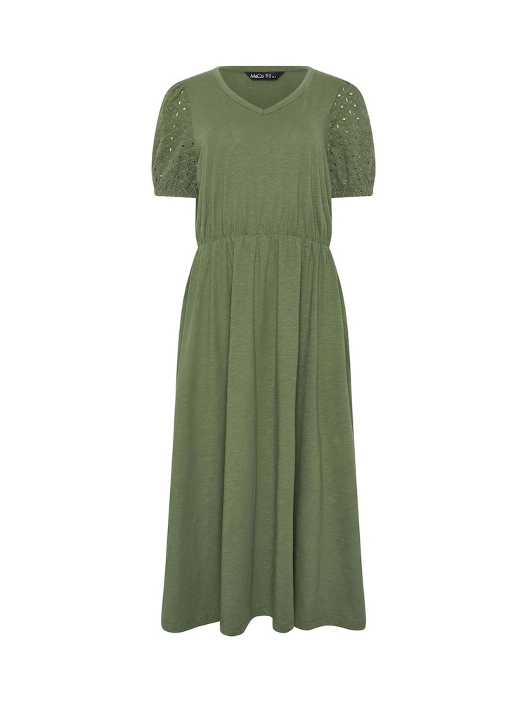 M&Co Green V-Neck Broderie Sleeve Cotton Midi Dress - Image 5 of 5