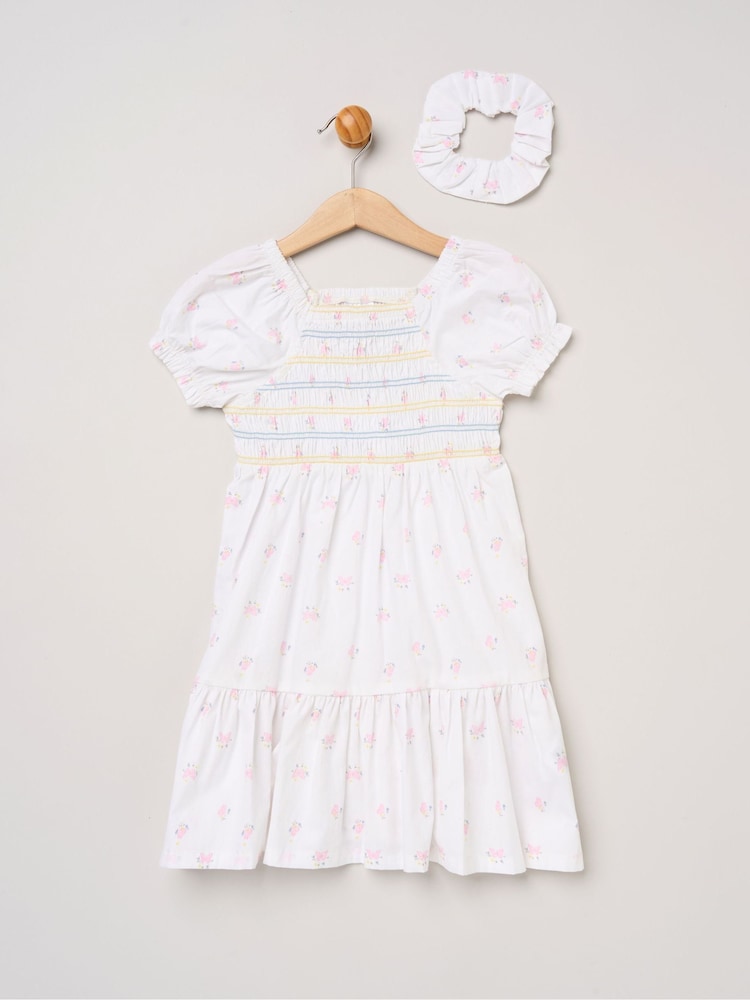 Miss White Butterfly Embroidered Smocked Dress With Scrunchie Set - Image 1 of 5