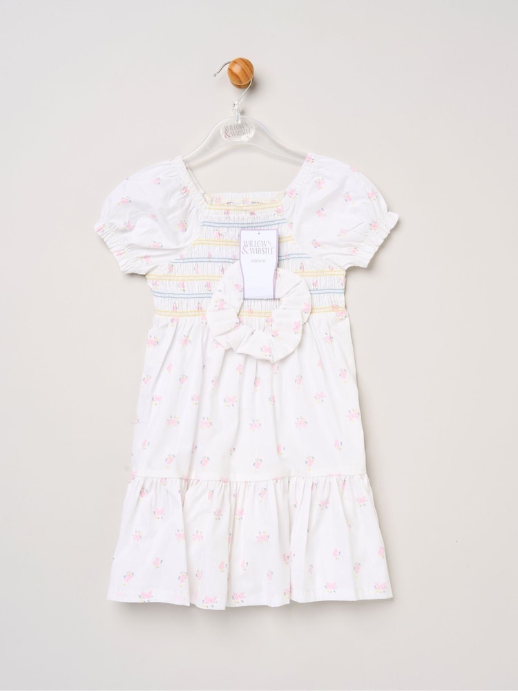 Miss White Butterfly Embroidered Smocked Dress With Scrunchie Set - Image 5 of 5
