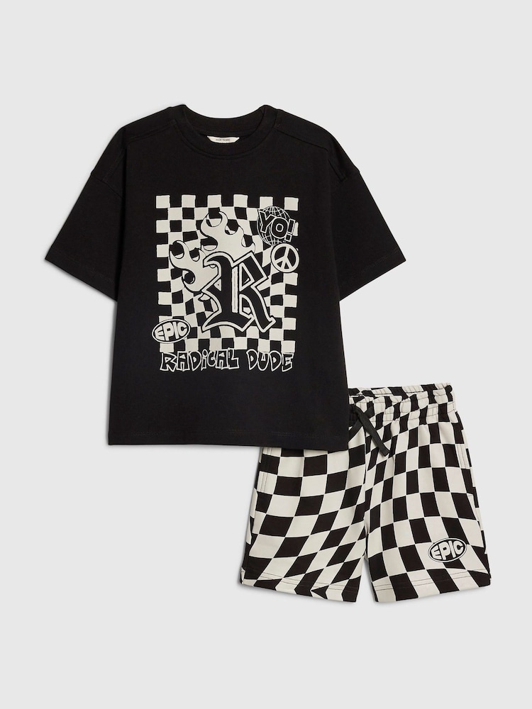 River Island Black Checkerboard T-Shirt And Shorts Set - Image 1 of 5 River Island Black Checkerboard T-Shirt And Shorts Set - Image 1 of 5