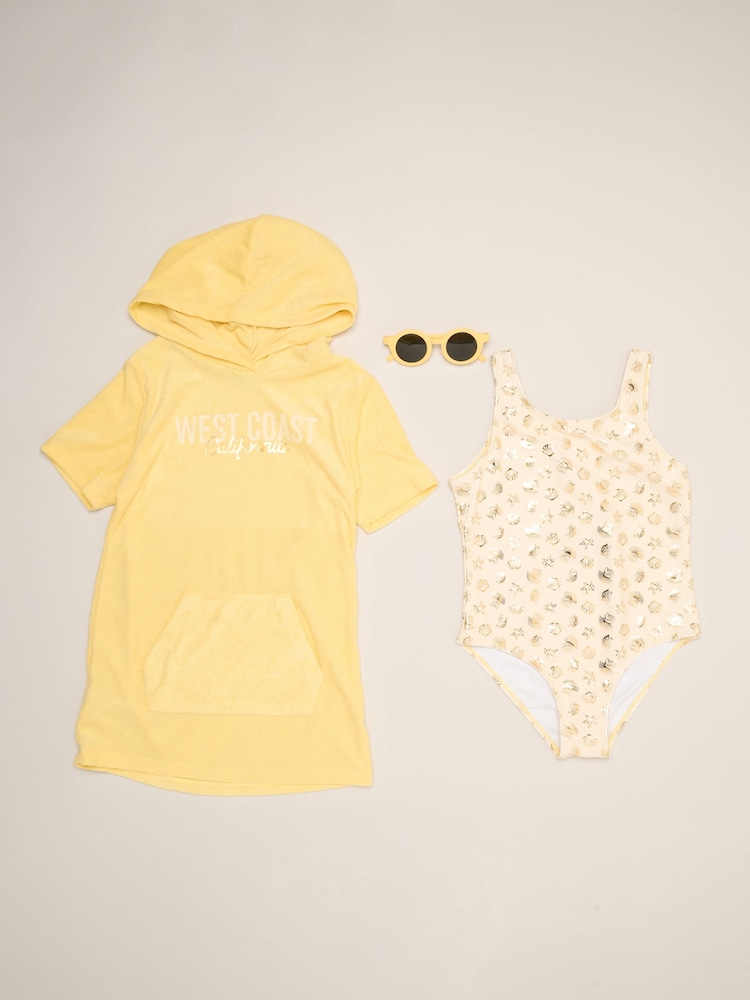 Miss Yellow Lemon And Stripe Printed Swimsuit With Poncho And Sunglasses - Image 1 of 5