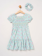 Miss Blue Floral Embroidered Smocked Dress With Scrunchie Set - Image 1 of 5