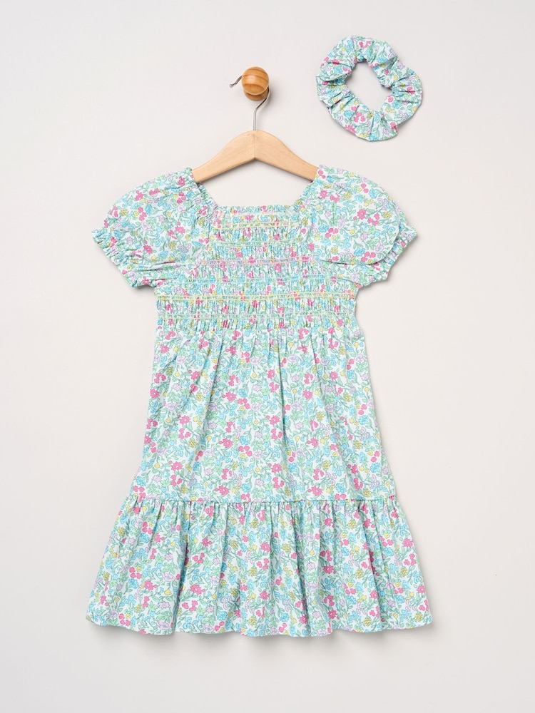 Miss Blue Floral Embroidered Smocked Dress With Scrunchie Set - Image 1 of 5 Miss Blue Floral Embroidered Smocked Dress With Scrunchie Set - Image 1 of 5