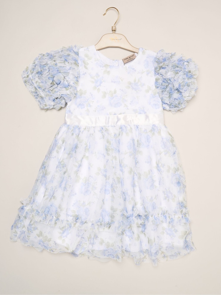 Miss Blue Floral Mesh Dress with Ruffle Sleeves - Image 2 of 3