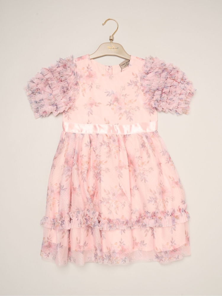 Miss Pink Floral Mesh Dress with Ruffle Sleeves - Image 2 of 3