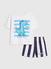 River Island White Dinosaur T-Shirt And Striped Shorts Set - Image 1 of 4