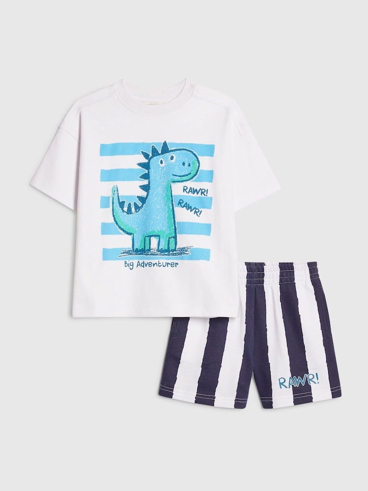 River Island White Dinosaur T-Shirt And Striped Shorts Set - Image 1 of 4 River Island White Dinosaur T-Shirt And Striped Shorts Set - Image 1 of 4