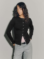 Negru - Long Sleeve Ribbed Button Up Cardigan - Imaginea 1 din 8