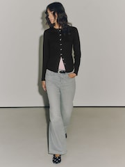 Negru - Long Sleeve Ribbed Button Up Cardigan - Imaginea 2 din 8