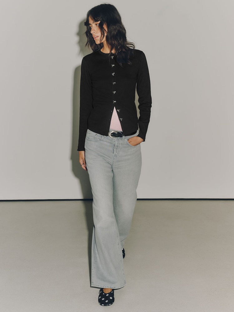 Negru - Long Sleeve Ribbed Button Up Cardigan - Imaginea 2 din 8 Negru - Long Sleeve Ribbed Button Up Cardigan - Imaginea 2 din 8