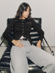 Negru - Long Sleeve Ribbed Button Up Cardigan - Imaginea 3 din 8