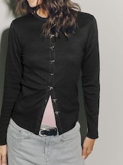 Negru - Long Sleeve Ribbed Button Up Cardigan - Imaginea 5 din 8