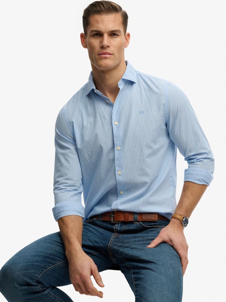 SUPERDRY Blue Pinstripe Cut Away Poplin Long Sleeve Shirt - Image 1 of 6