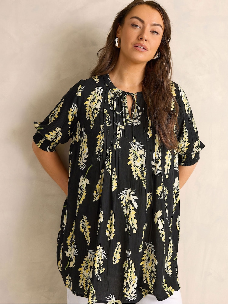 Evans Black Short Sleeve Pintuck Boho Top - Image 1 of 5