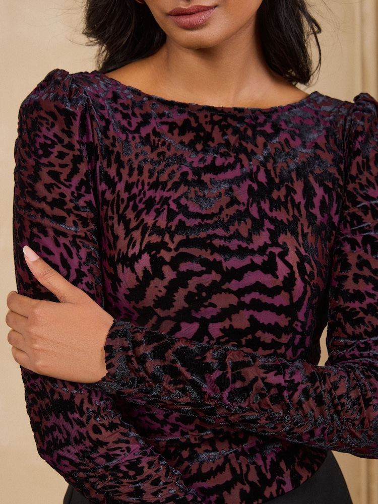 Love & Roses Burgundy Red Petite Burnout Slash Neck Long Sleeve Top - Image 2 of 5