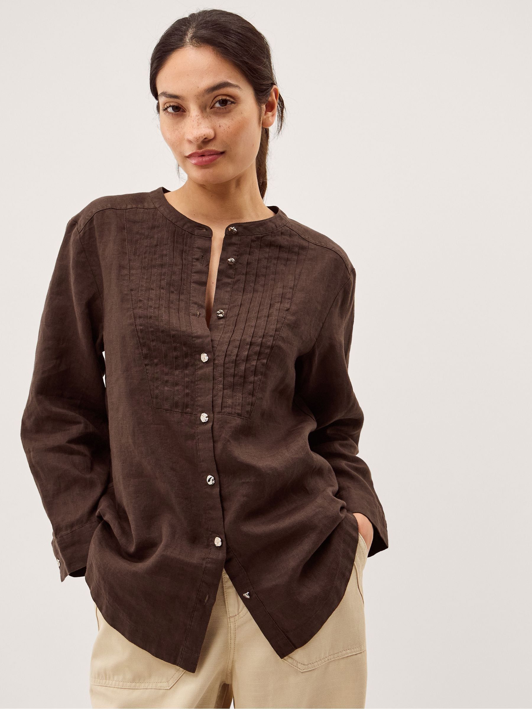 Buy Monsoon Brown Clo Pintuck Pleats Linen Long Sleeve Shirt from